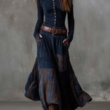 Lorena | Rochie lungă vintage din ante cu carouri bleumarin (include curea)