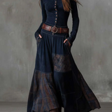 Lorena | Rochie lungă vintage din ante cu carouri bleumarin (include curea)