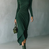 Felicia |  Rochie midi asimetrică înfășurată cu pliseuri și guler înalt verde închis
