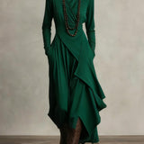 Doina | Rochie maxi plisată asimetrică cu guler înalt