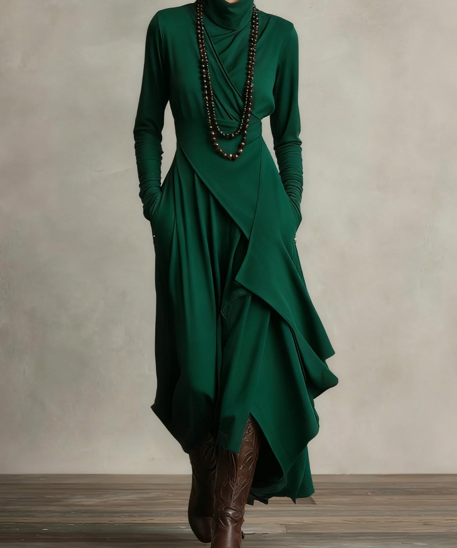 Doina | Rochie maxi plisată asimetrică cu guler înalt