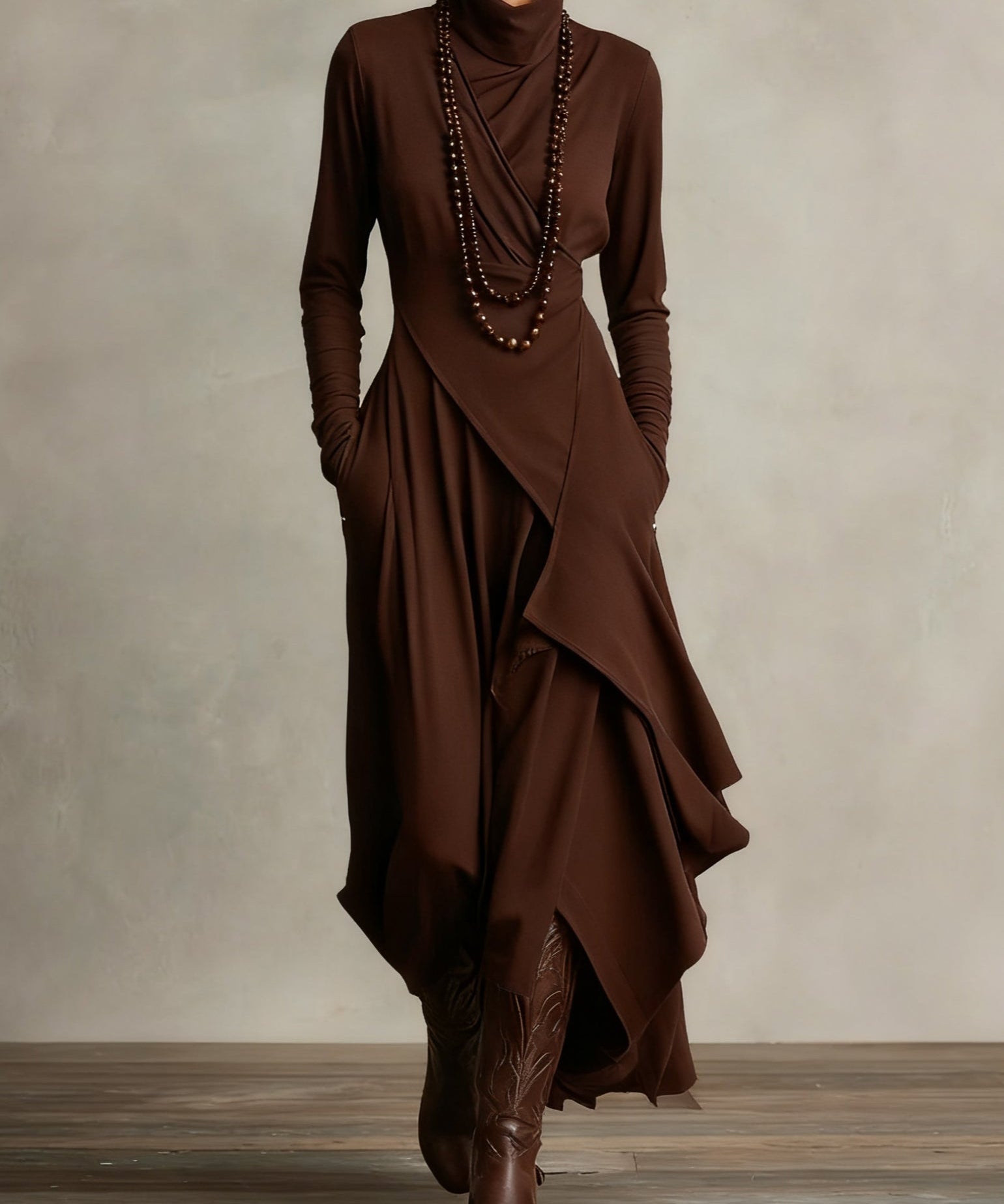 Doina | Rochie maxi plisată asimetrică cu guler înalt