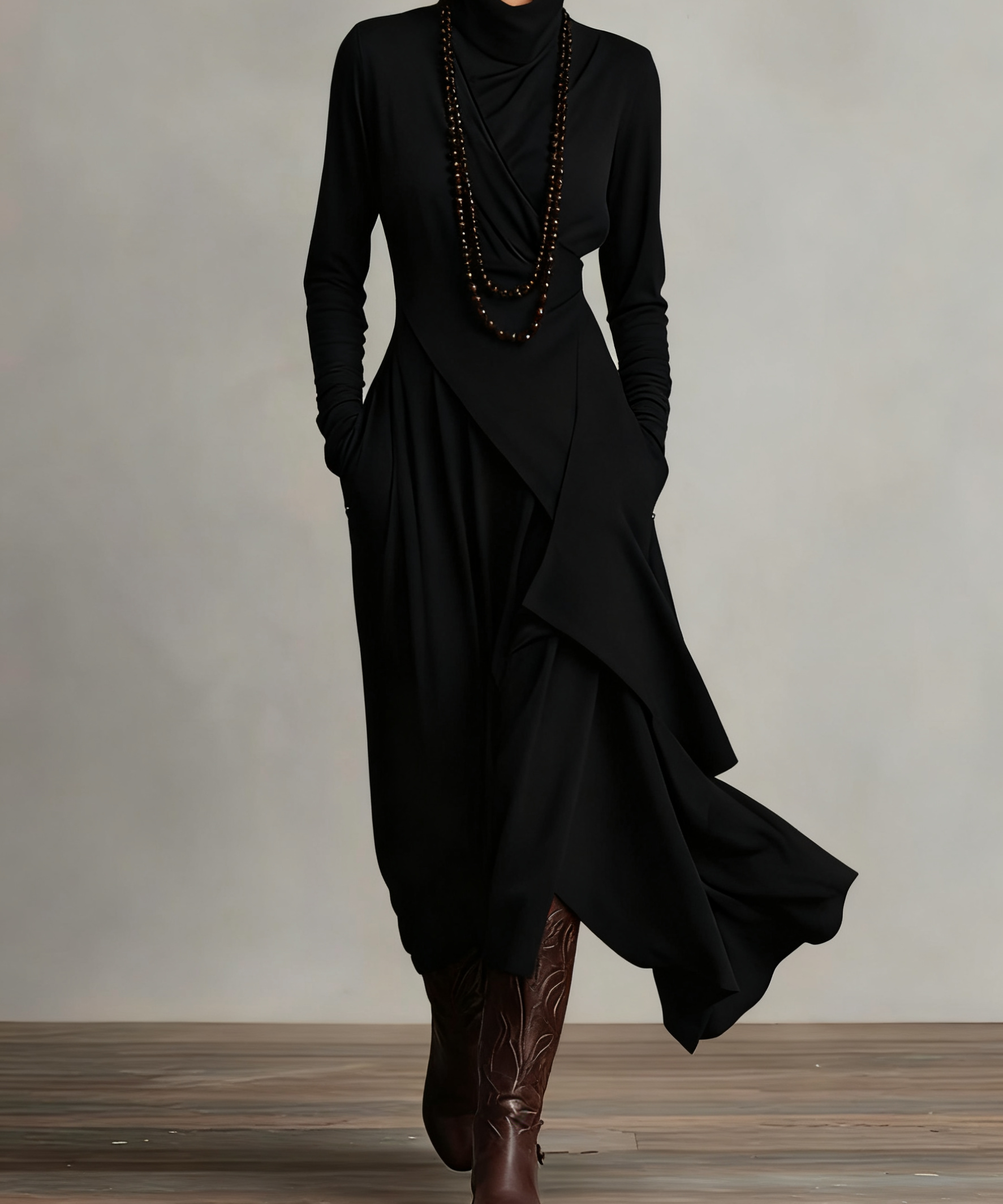 Doina | Rochie maxi plisată asimetrică cu guler înalt