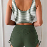 Oliva | Set de tankini cu dungi încrucișate și pantaloni scurți cu talie înaltă