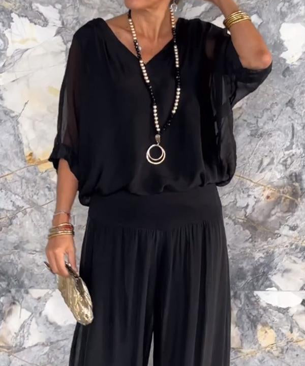 ESMERALDA – SET DIN DOUĂ PIESE CU PANTALONI LARGI DIN CHIFFON ELEGANT