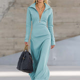 Valeria – Rochie maxi sport retro elegantă cu decolteu în V și fermoar