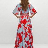 Corinne | Rochie Maxi Florală cu Decolteu în V și Mânecă Scurtă