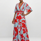 Corinne | Rochie Maxi Florală cu Decolteu în V și Mânecă Scurtă