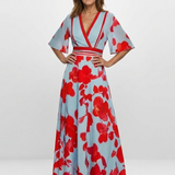 Corinne | Rochie Maxi Florală cu Decolteu în V și Mânecă Scurtă