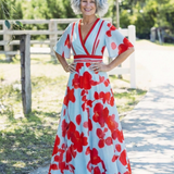 Corinne | Rochie Maxi Florală cu Decolteu în V și Mânecă Scurtă