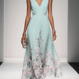 Roza | Rochie Maxi din Chiffon Albăstrie cu Decolteu în Formă de Sere