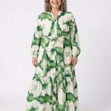 Sabine | Rochie Maxi cu Mânecă Lungă, Talie cu Legătură și Volane