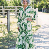 Sabine | Rochie Maxi cu Mânecă Lungă, Talie cu Legătură și Volane