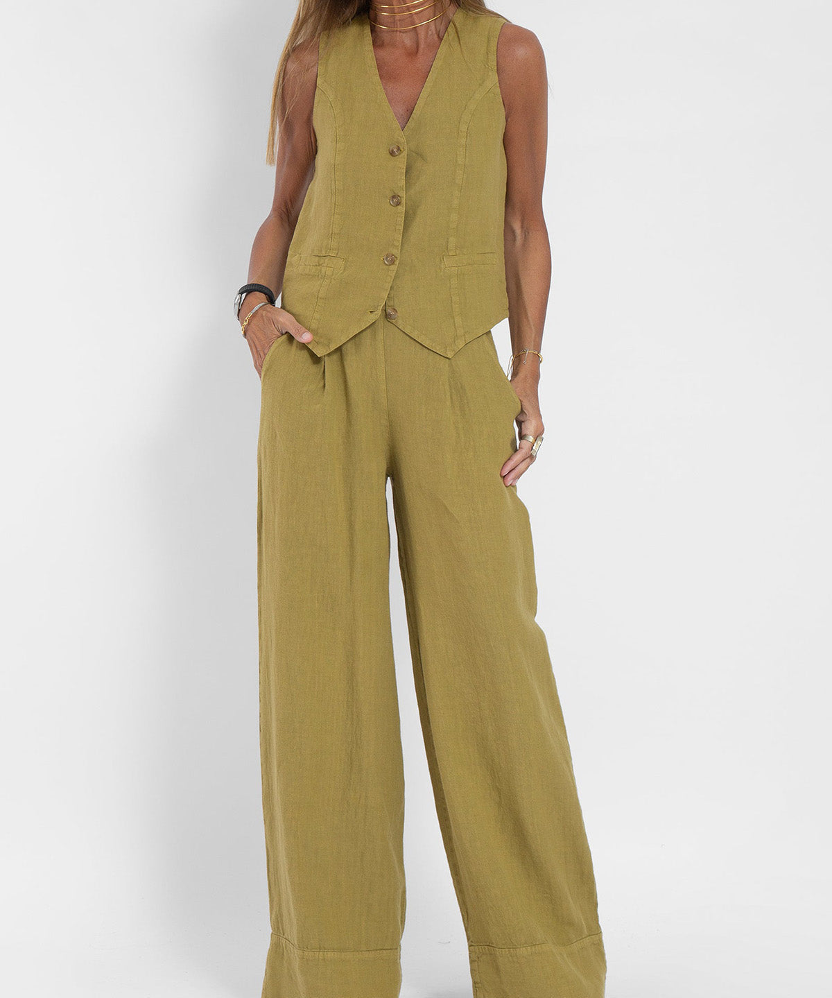 Jessica - Set Vestă cu Nasturi și Pantaloni Largi