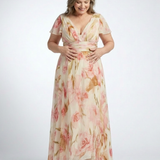 Elara | Rochie Maxi Florală cu Decolteu în V și Mânecă Scurtă