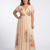 Calista | Rochie Maxi Florală Plisată cu Decolteu în V și Mânecă Scurtă