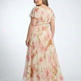 Elara | Rochie Maxi Florală cu Decolteu în V și Mânecă Scurtă