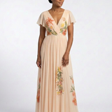 Calista | Rochie Maxi Florală Plisată cu Decolteu în V și Mânecă Scurtă