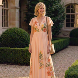 Calista | Rochie Maxi Florală Plisată cu Decolteu în V și Mânecă Scurtă