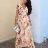 Elara | Rochie Maxi Florală cu Decolteu în V și Mânecă Scurtă