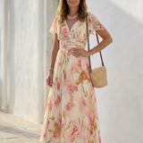 Elara | Rochie Maxi Florală cu Decolteu în V și Mânecă Scurtă