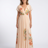 Calista | Rochie Maxi Florală Plisată cu Decolteu în V și Mânecă Scurtă