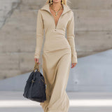 Valeria – Rochie maxi sport retro elegantă cu decolteu în V și fermoar