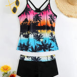 La Habana | Set de tankini cu imprimeu tropical și pantaloni scurți de baie