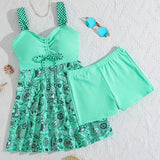 mentă | Set de costum de baie floral care acoperă burtica