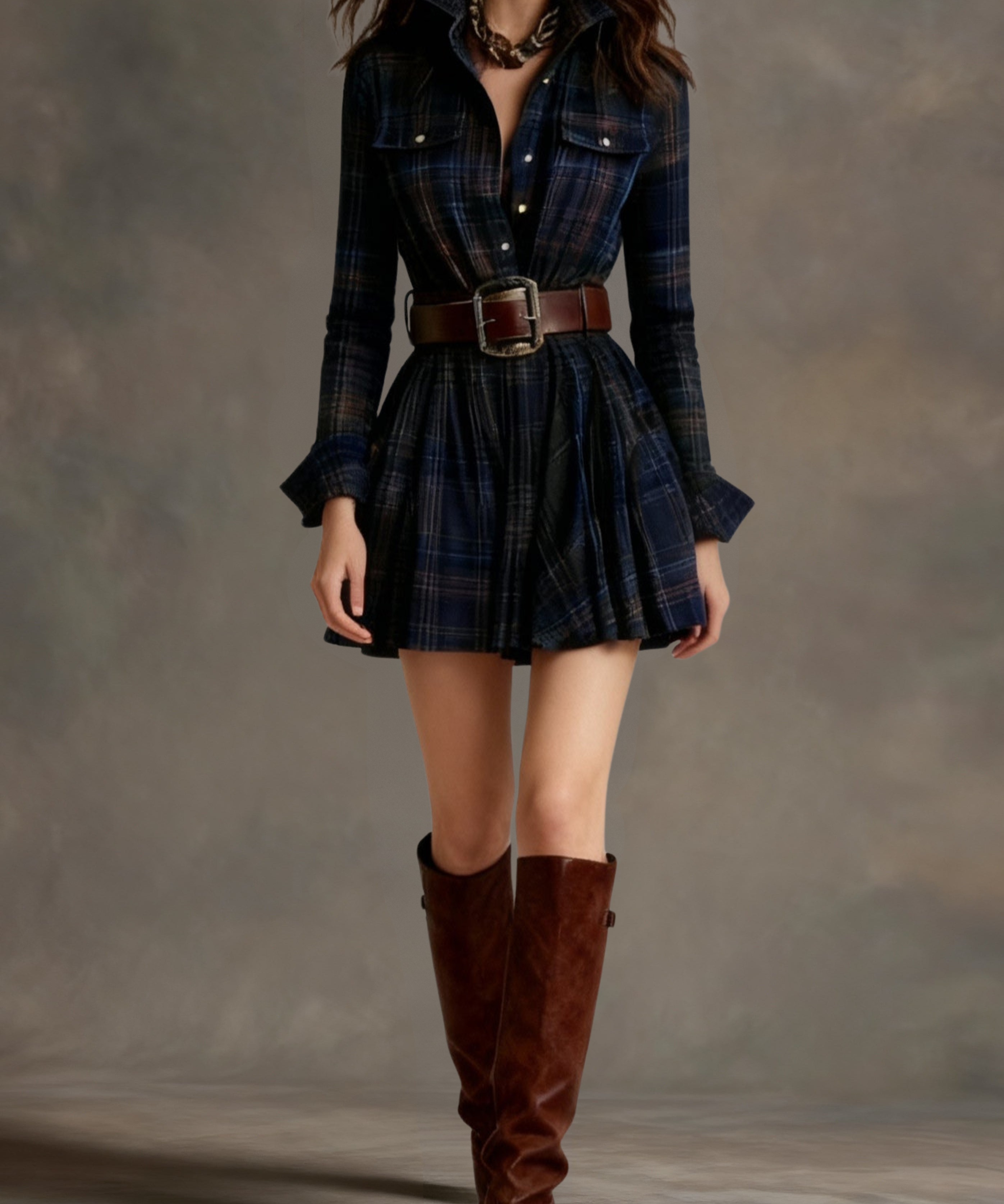 Paz | Rochie scurtă vintage cu carouri roșii și maronii, cu rever (include curea)