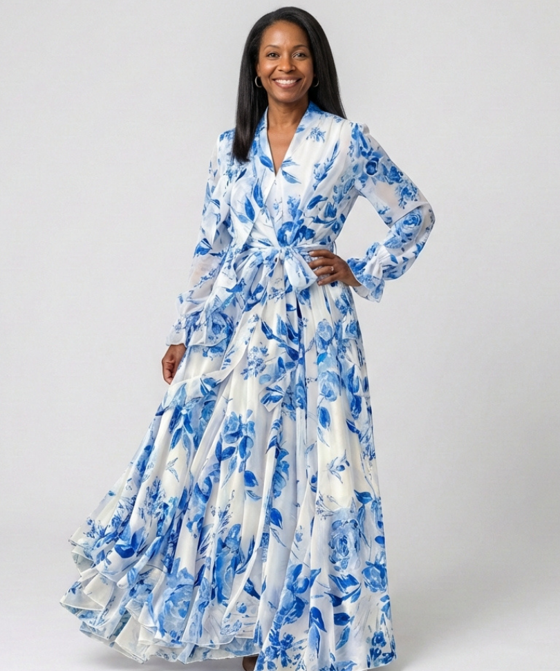Lillian | Rochie Maxi Florală cu Mânecă Lungă tip Wrap