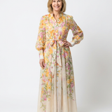 Cressida | Rochie Maxi Florală cu Strat Transparent și Mânecă Lungă
