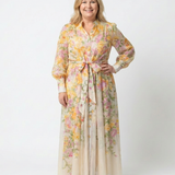 Cressida | Rochie Maxi Florală cu Strat Transparent și Mânecă Lungă