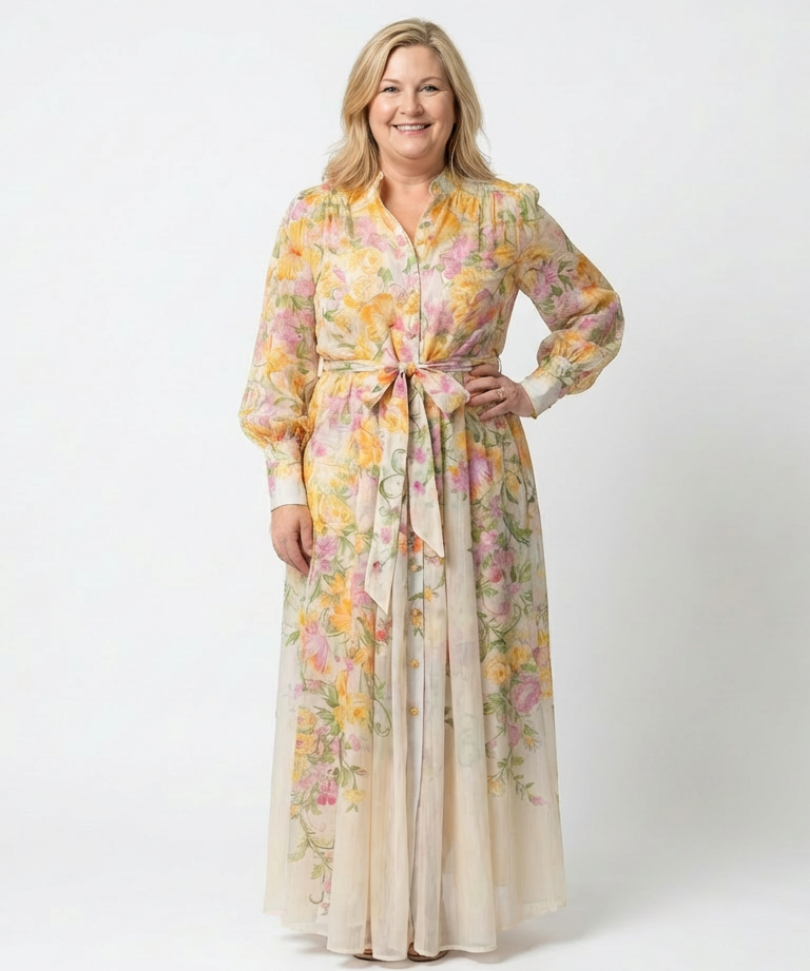 Cressida | Rochie Maxi Florală cu Strat Transparent și Mânecă Lungă