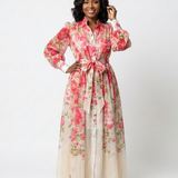 Cressida | Rochie Maxi Florală cu Strat Transparent și Mânecă Lungă