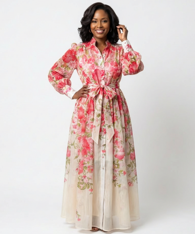 Cressida | Rochie Maxi Florală cu Strat Transparent și Mânecă Lungă